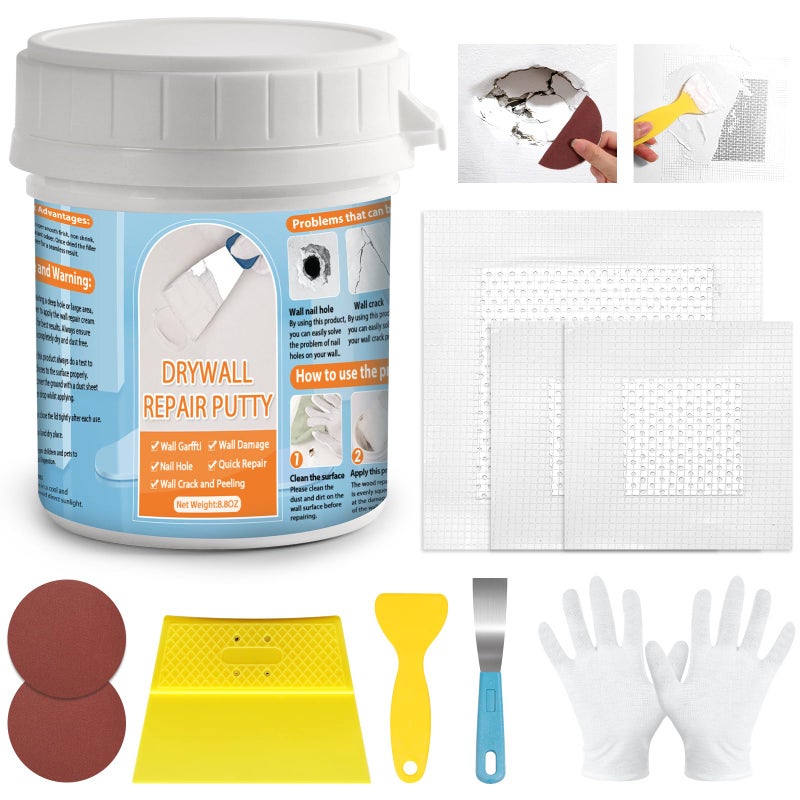 LifeisLuck Drywall Repair Kit, Drywall Patch Repair Kit with 8.8OZ White Wall Repair Putty, Scraper Sandpapers Gloves for Heavy Duty Plaster Wall Repair, Easy to Fill Holes in Home Wall & Quick Repair Crack - Image 1
